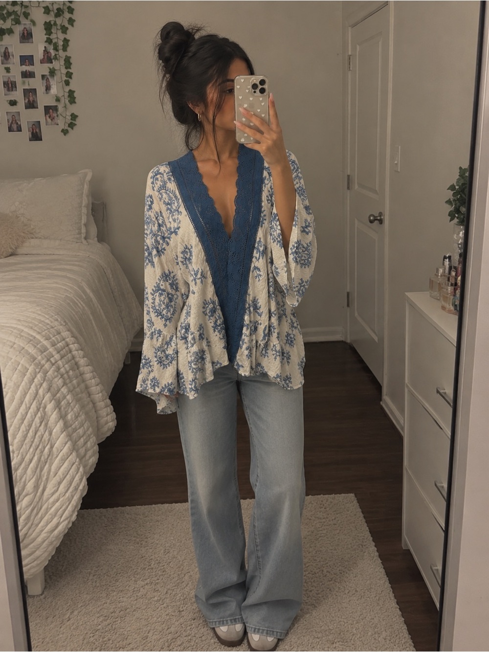 Umgee Cream Kimono with Blue Floral Print and Lace Trim